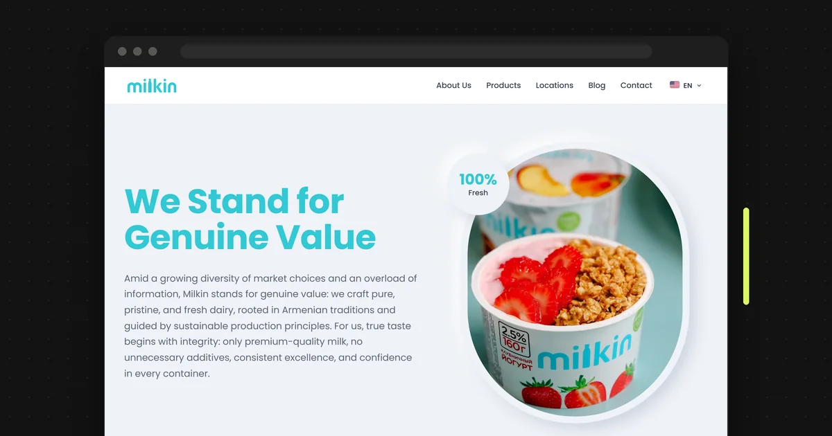 milkin.am-ի գլխավոր էջը դիտարկիչի պատուհանում՝ WordPress-ից XMS տեղափոխվելուց հետո